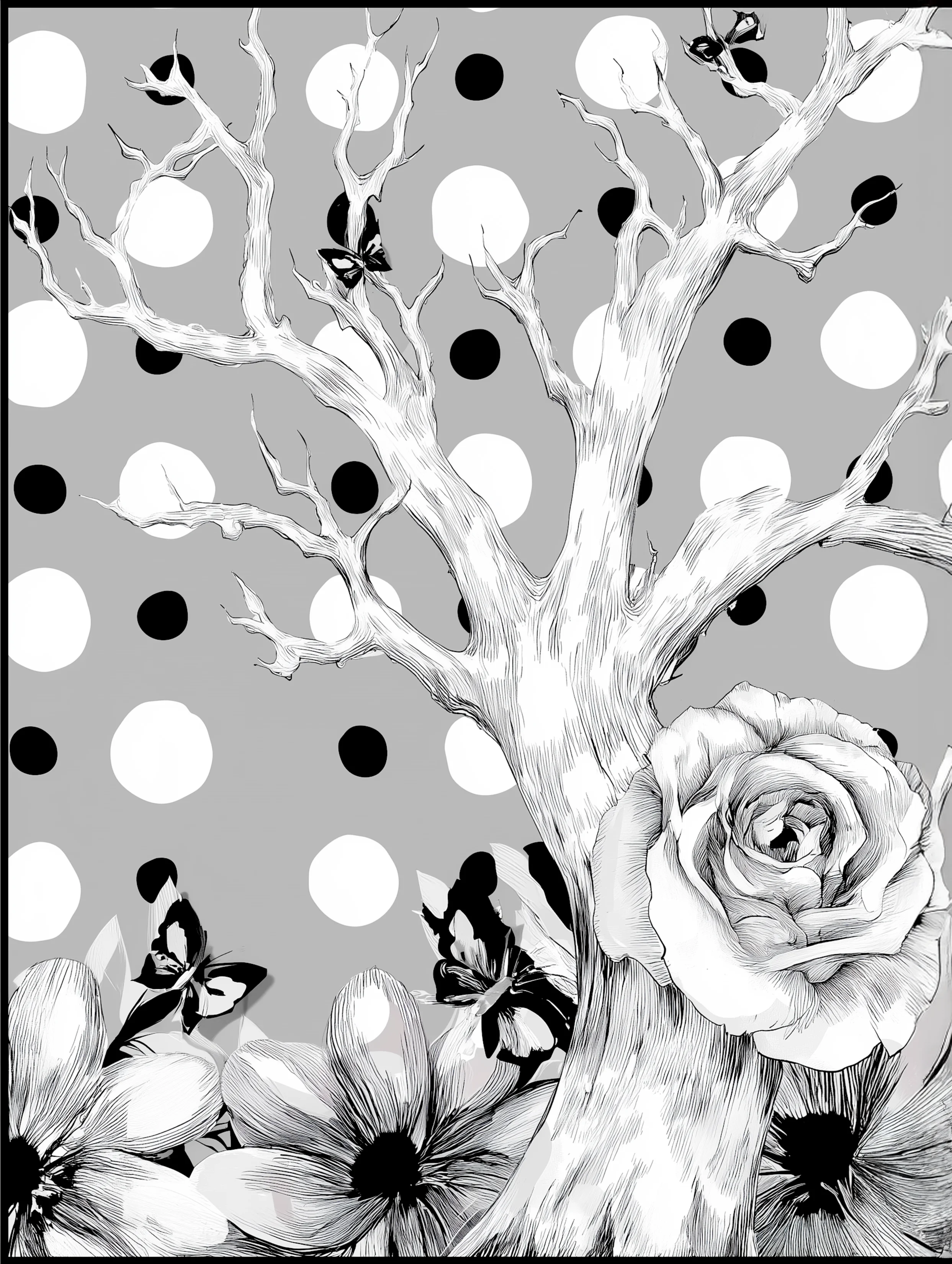 Free printable dead tree coloring page for adults featuring gray dot background dead tree